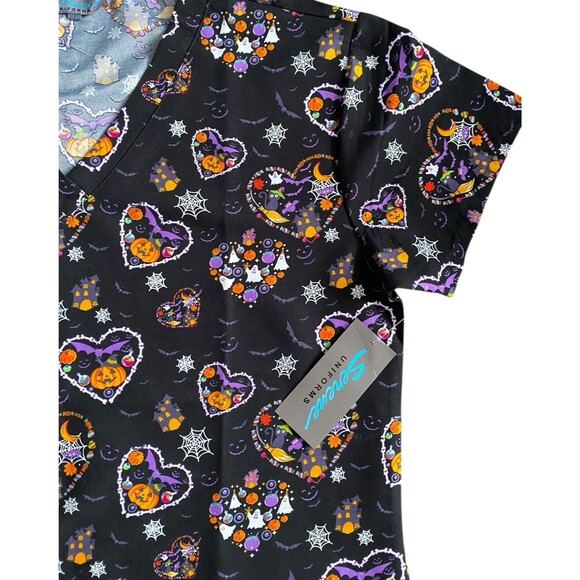 Serene Uniforms Halloween Scrub Top XL Black Ghost Cat Pumpkin Print NWT - Picture 4 of 6